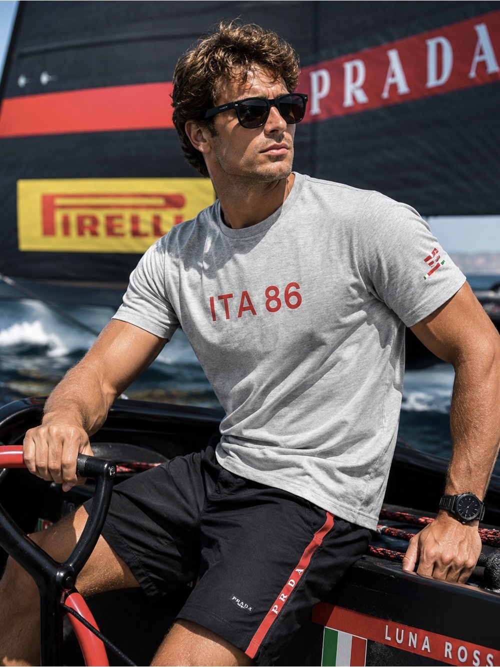Vintage Prada Luna Rossa Sailing Team Gray T-Shirt Athletic Style Size IT Large
